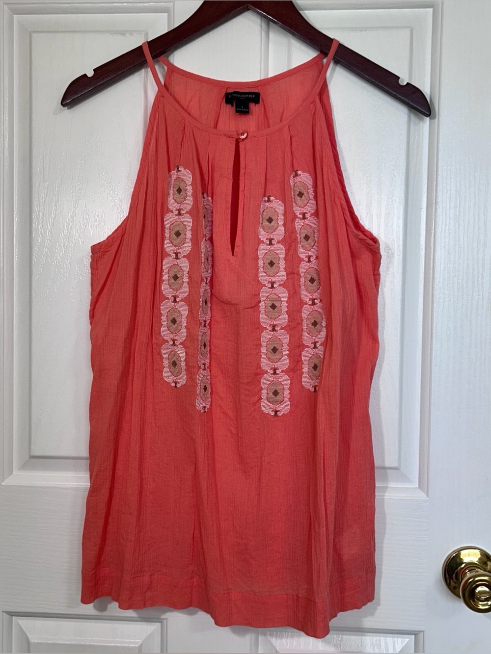 Banana Republic Coral Orange Cotton Embroidered Halter Keyhole Neck Tank Small